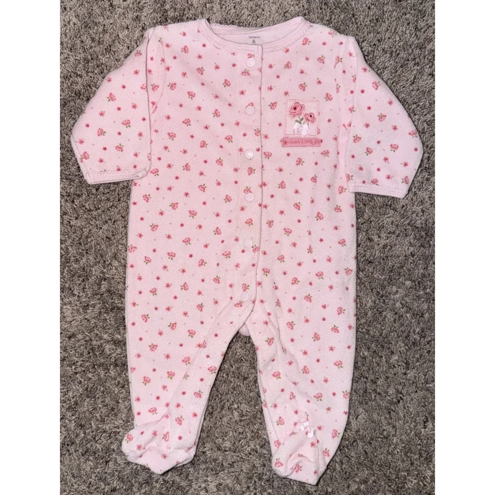 Carter's Baby Girls Pink Rosebuds Terry Sleeper Footed Buttons Flowers‎ 6 Month